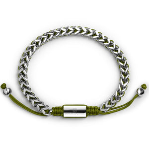 Silver Woven Chain Bracelet in Olive Green - Up to 7 1/4