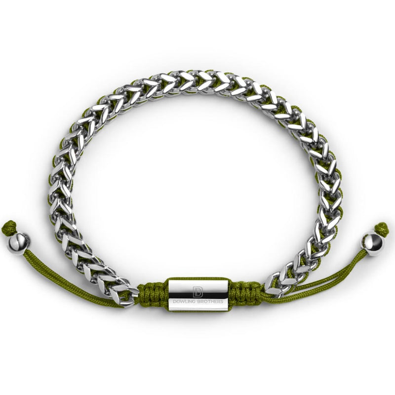 Silver Woven Chain Bracelet in Olive Green